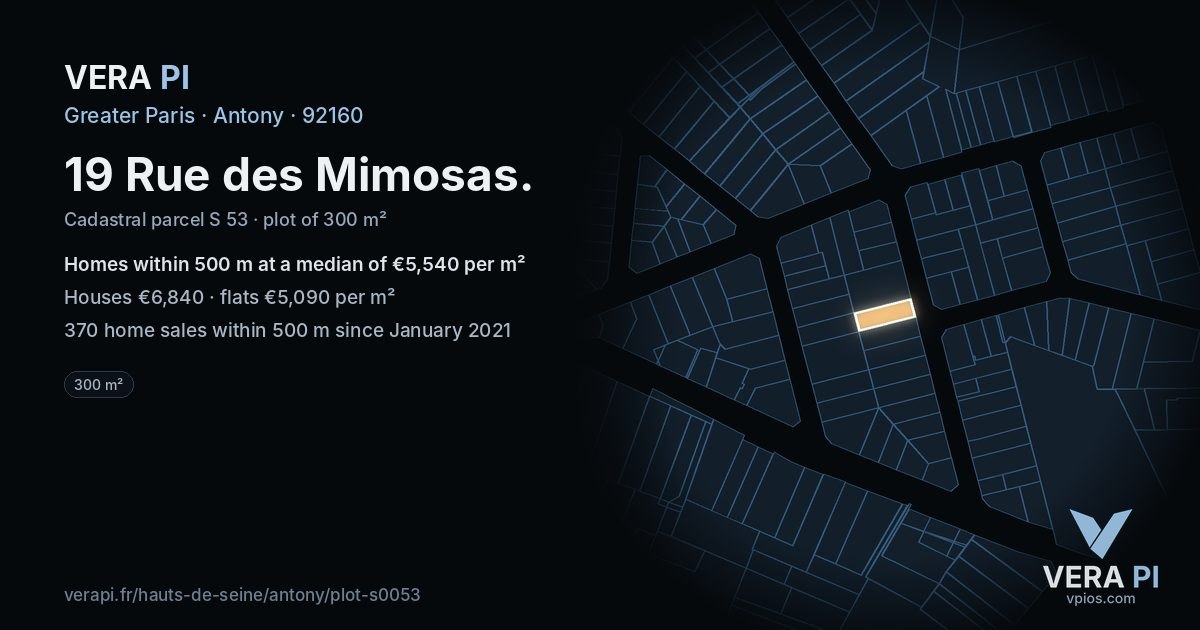 19 Rue des Mimosas, Antony at night – the plot lit, the parcels around coloured by the prices near them