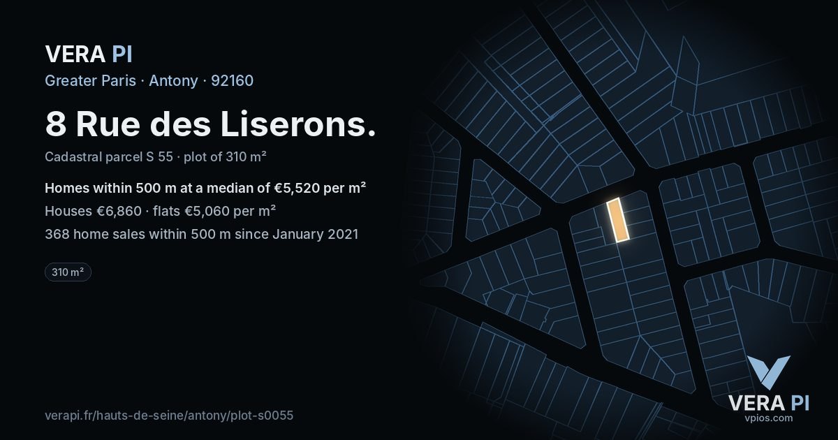 8 Rue des Liserons, Antony at night – the plot lit, the parcels around coloured by the prices near them