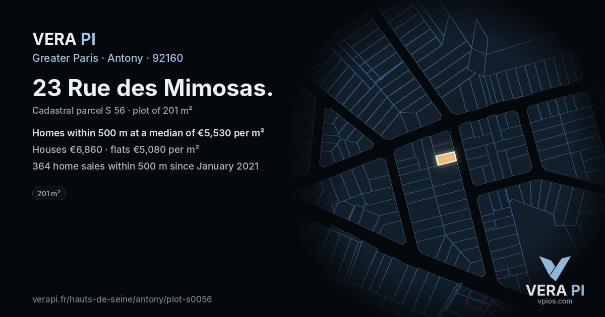 23 Rue des Mimosas, Antony at night – the plot lit, the parcels around coloured by the prices near them