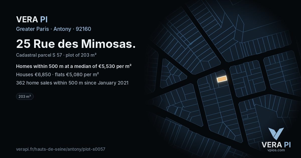 25 Rue des Mimosas, Antony at night – the plot lit, the parcels around coloured by the prices near them