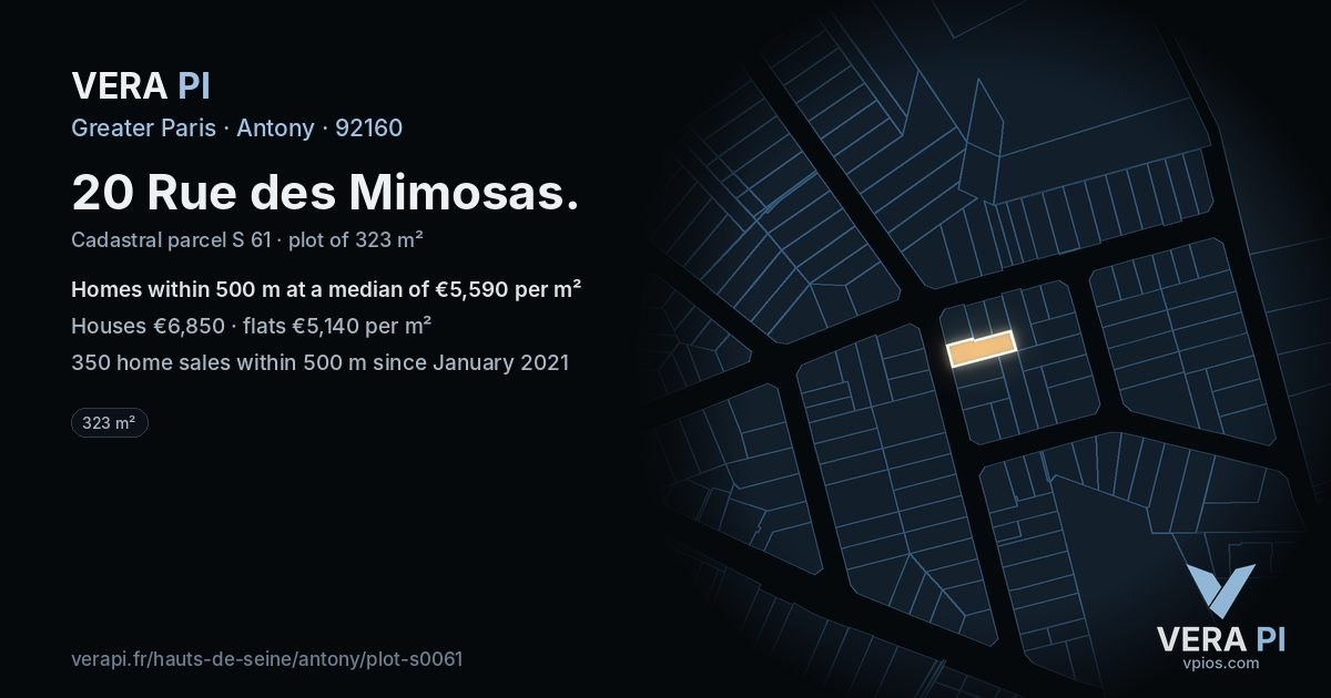 20 Rue des Mimosas, Antony at night – the plot lit, the parcels around coloured by the prices near them