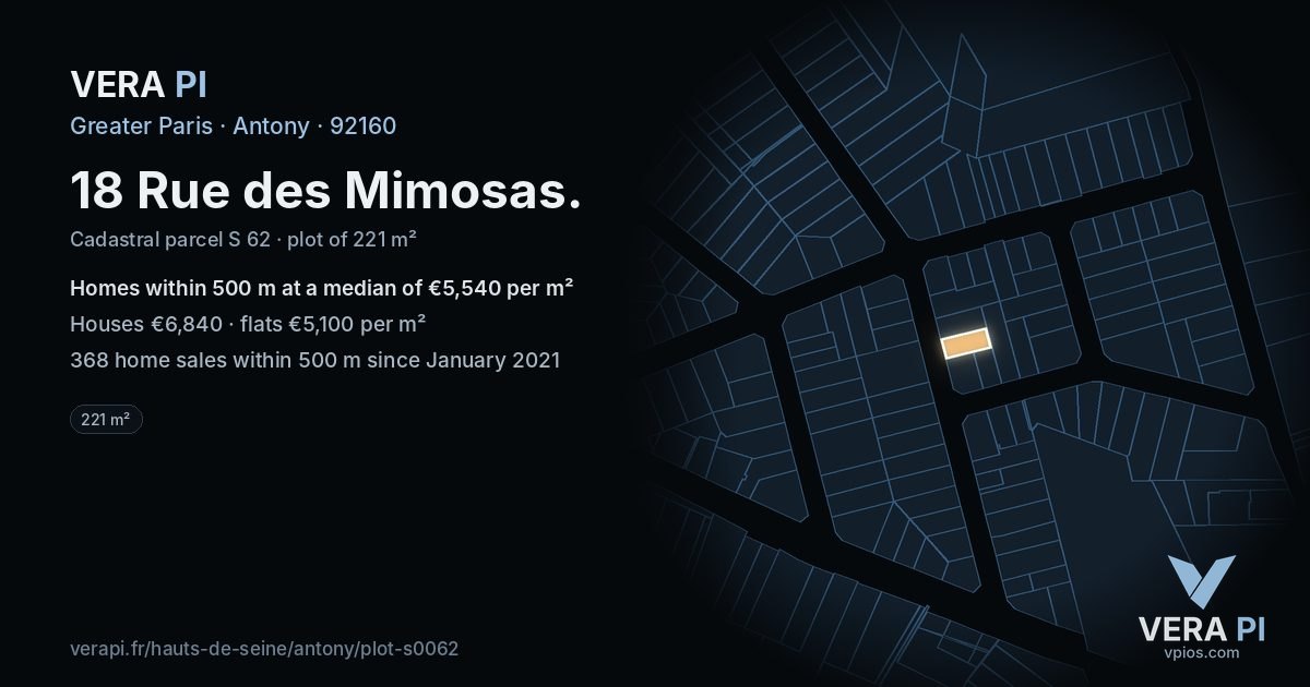 18 Rue des Mimosas, Antony at night – the plot lit, the parcels around coloured by the prices near them