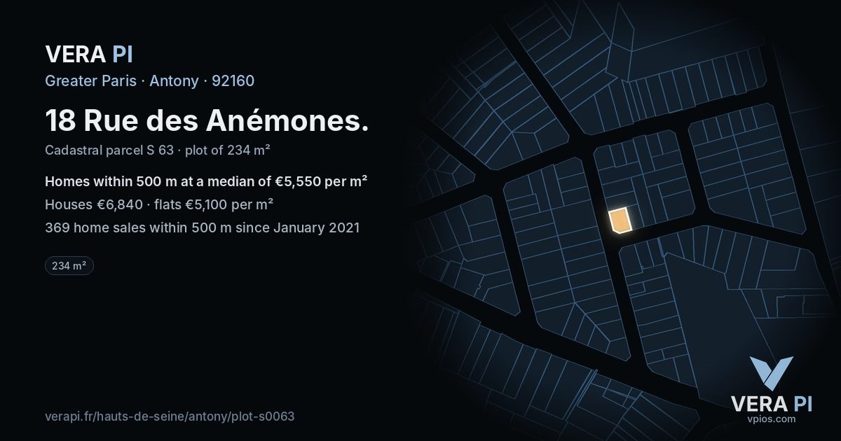 18 Rue des Anémones, Antony at night – the plot lit, the parcels around coloured by the prices near them