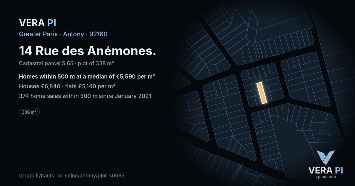 14 Rue des Anémones, Antony at night – the plot lit, the parcels around coloured by the prices near them