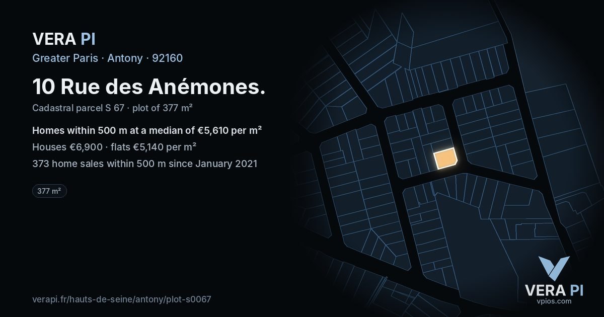 10 Rue des Anémones, Antony at night – the plot lit, the parcels around coloured by the prices near them