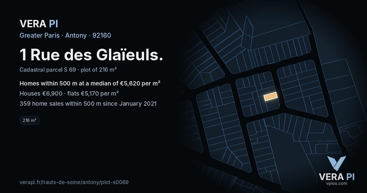 1 Rue des Glaïeuls, Antony at night – the plot lit, the parcels around coloured by the prices near them