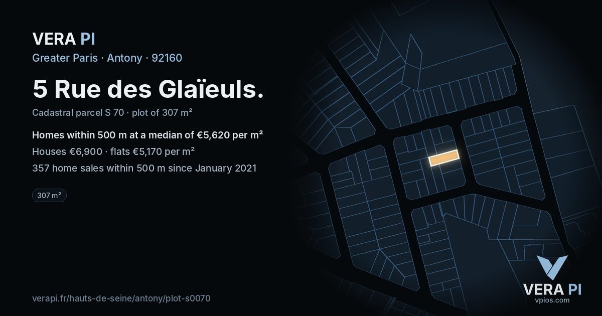 5 Rue des Glaïeuls, Antony at night – the plot lit, the parcels around coloured by the prices near them