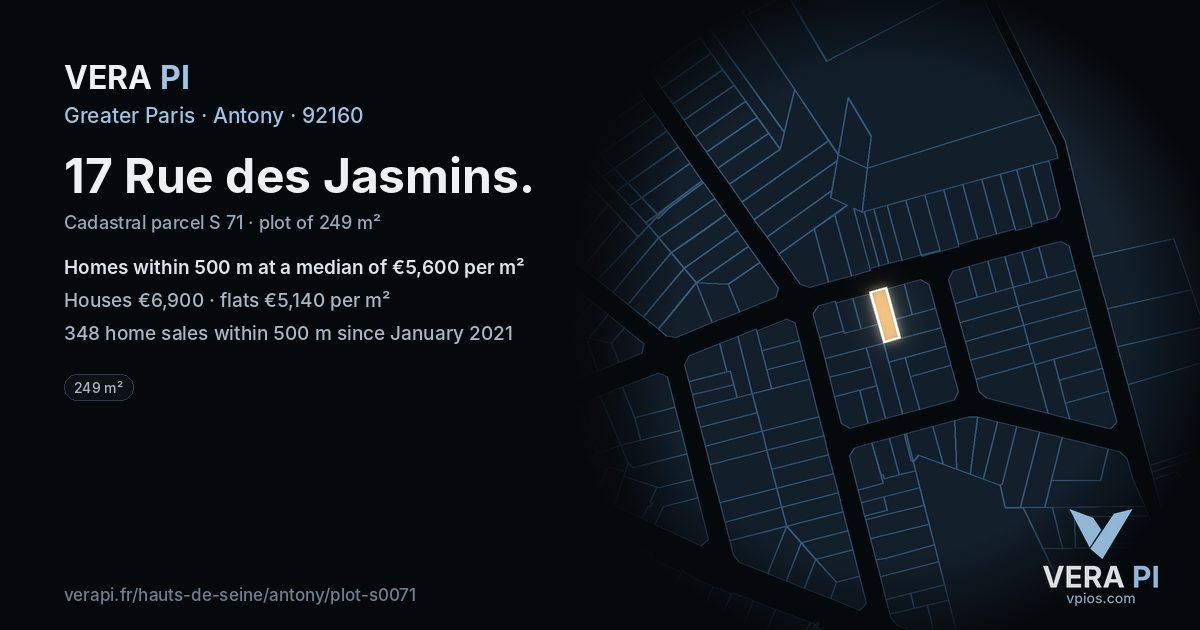 17 Rue des Jasmins, Antony at night – the plot lit, the parcels around coloured by the prices near them