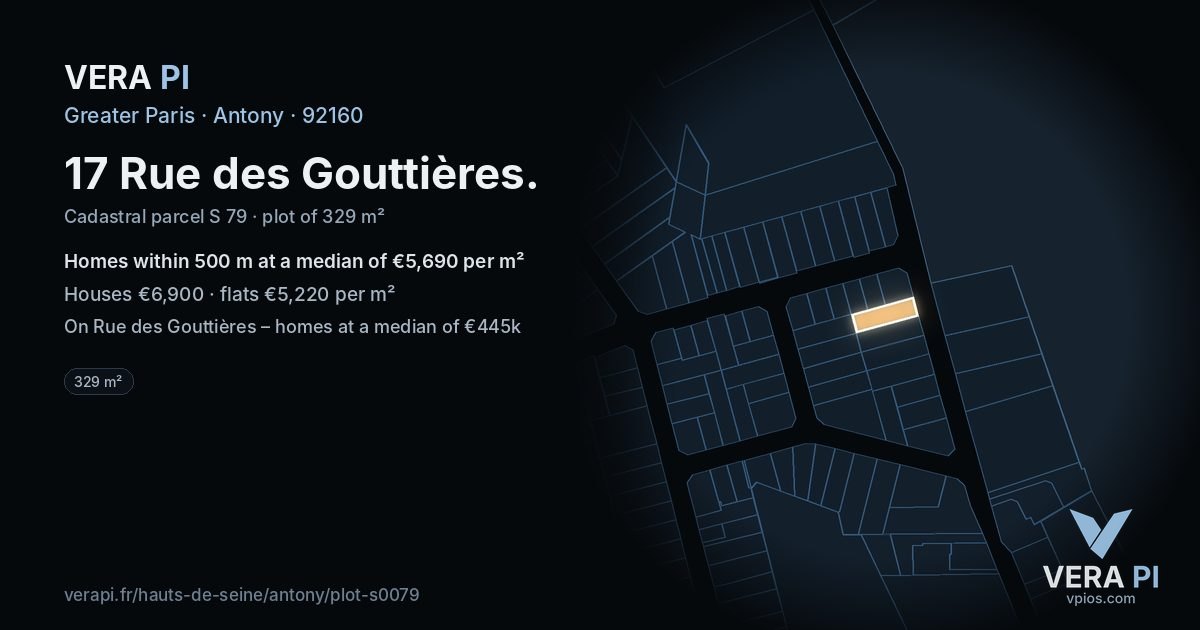 17 Rue des Gouttières, Antony at night – the plot lit, the parcels around coloured by the prices near them