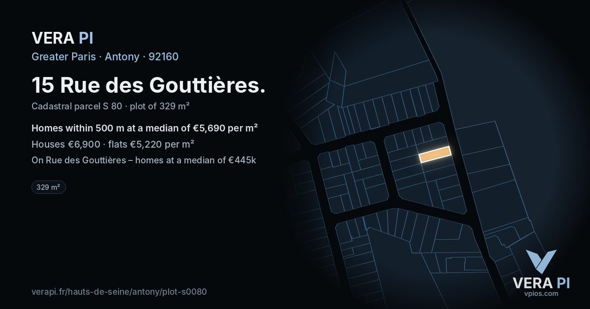 15 Rue des Gouttières, Antony at night – the plot lit, the parcels around coloured by the prices near them