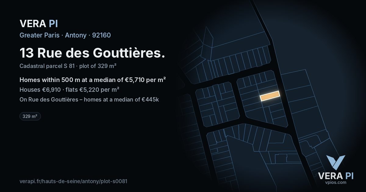 13 Rue des Gouttières, Antony at night – the plot lit, the parcels around coloured by the prices near them