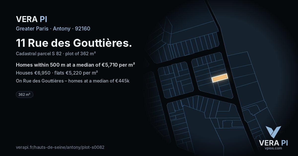 11 Rue des Gouttières, Antony at night – the plot lit, the parcels around coloured by the prices near them