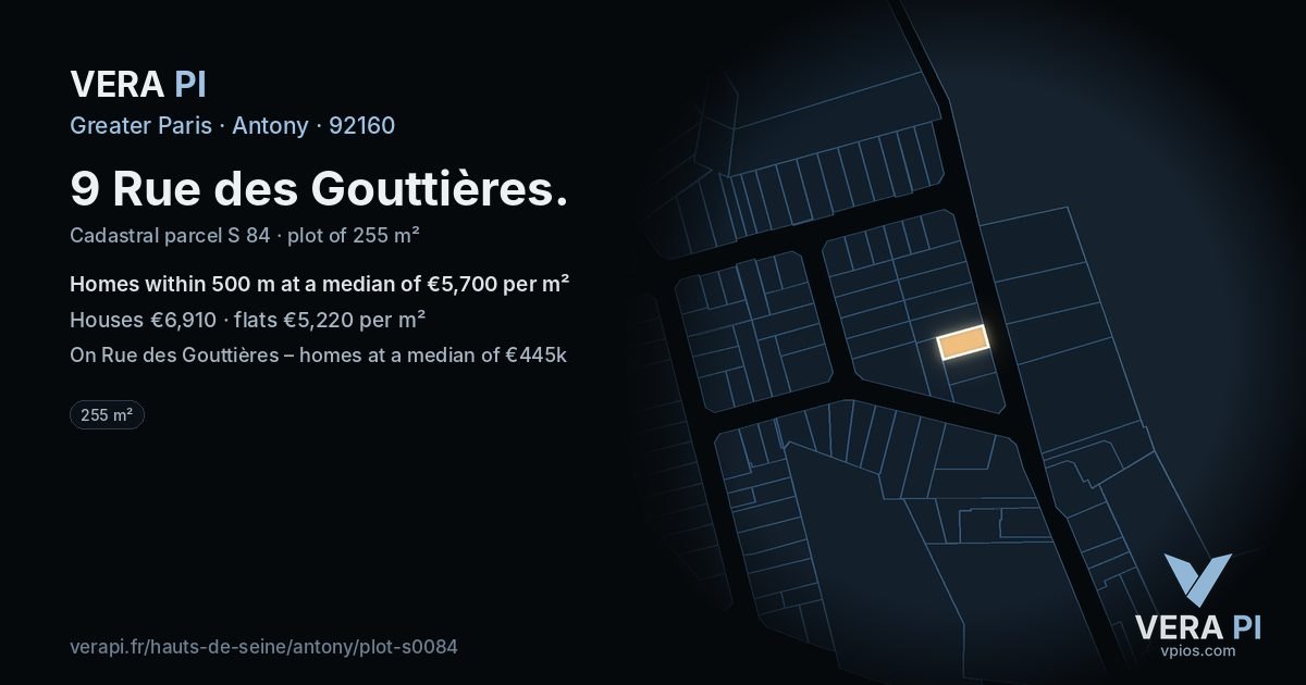9 Rue des Gouttières, Antony at night – the plot lit, the parcels around coloured by the prices near them