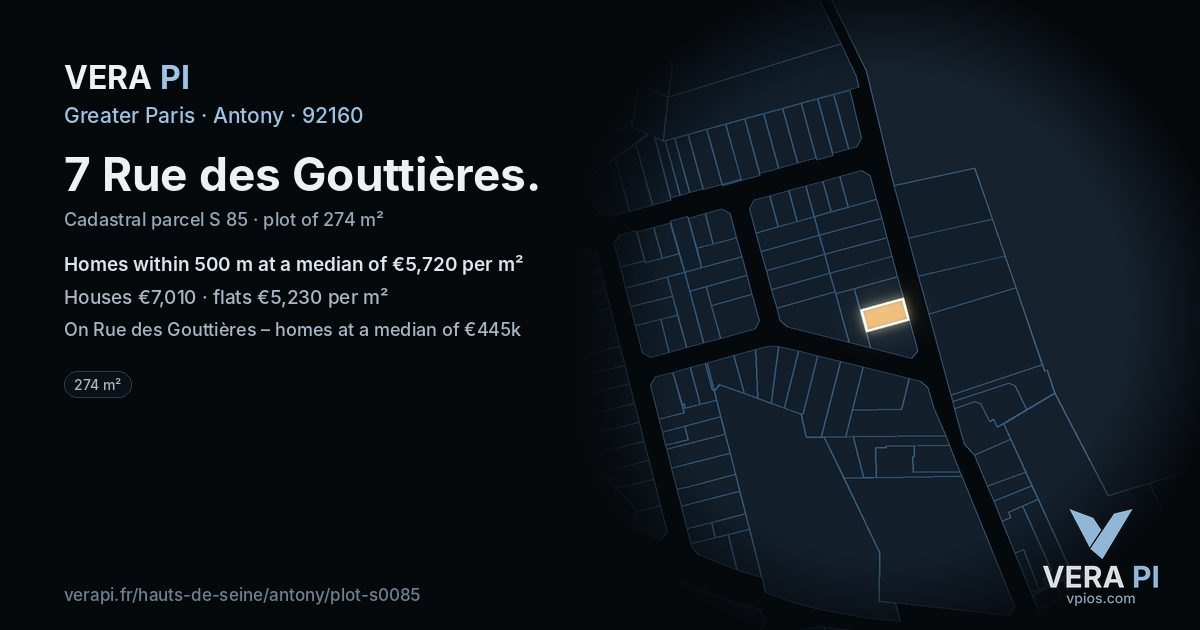 7 Rue des Gouttières, Antony at night – the plot lit, the parcels around coloured by the prices near them