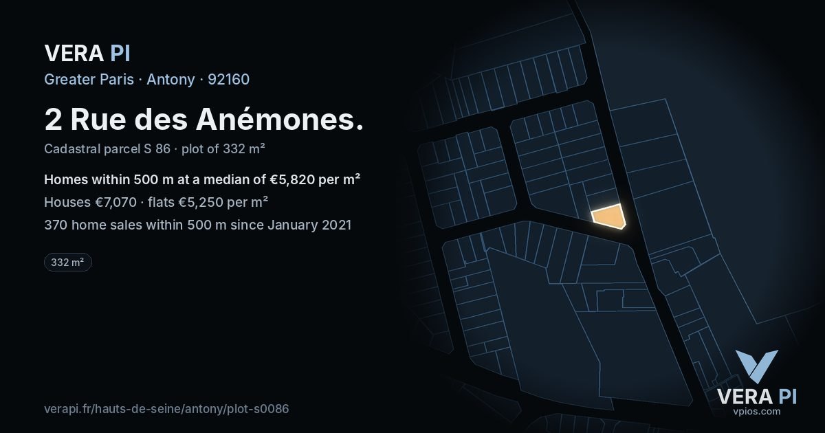 2 Rue des Anémones, Antony at night – the plot lit, the parcels around coloured by the prices near them