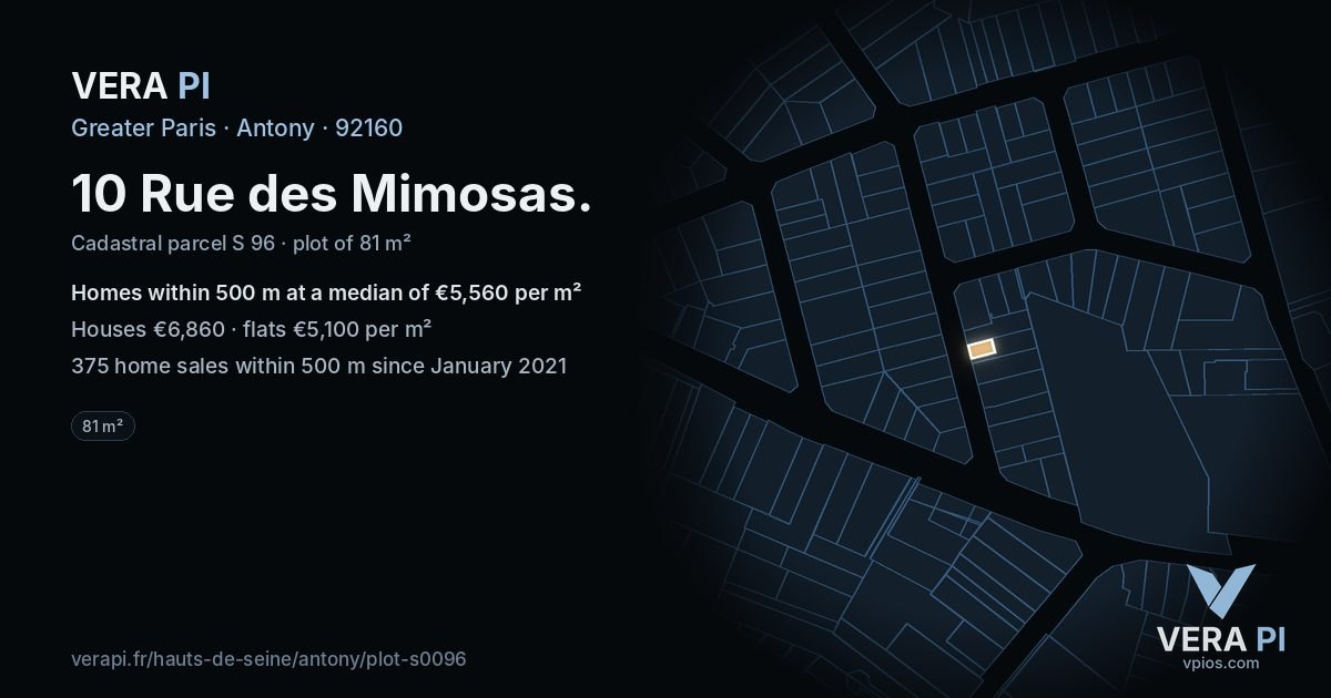 10 Rue des Mimosas, Antony at night – the plot lit, the parcels around coloured by the prices near them