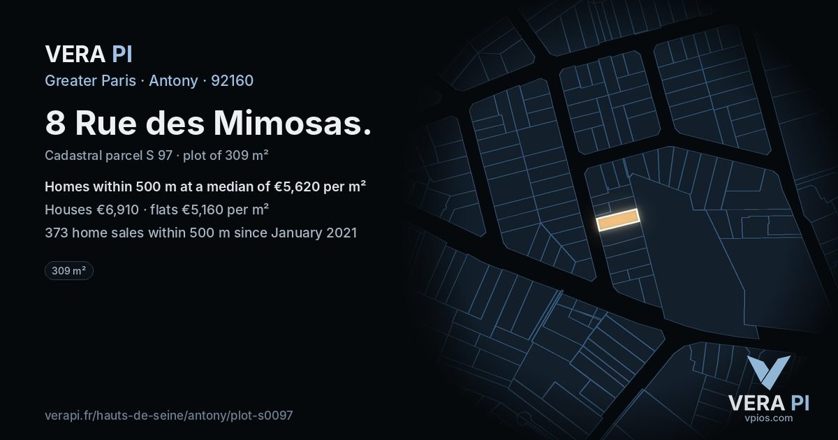 8 Rue des Mimosas, Antony at night – the plot lit, the parcels around coloured by the prices near them