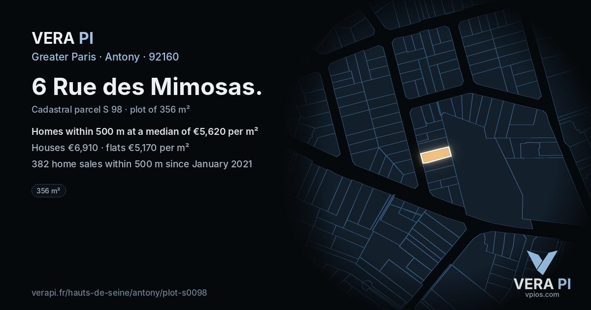 6 Rue des Mimosas, Antony at night – the plot lit, the parcels around coloured by the prices near them