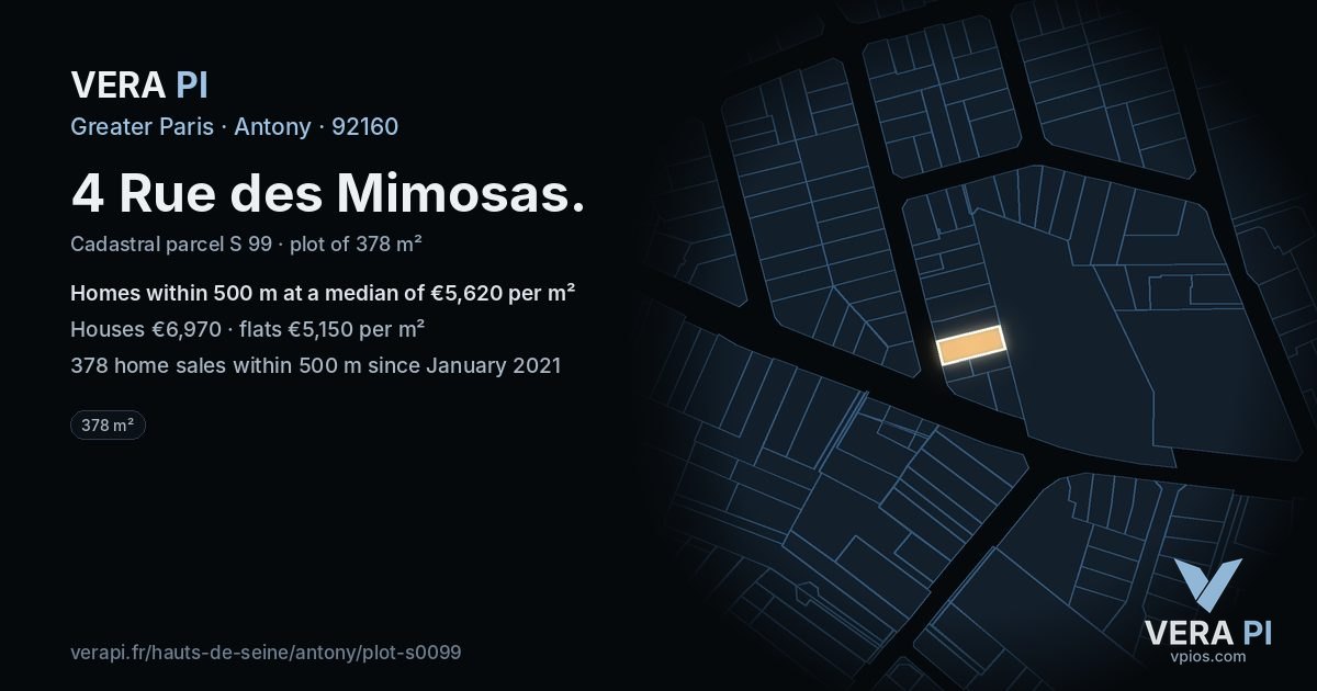 4 Rue des Mimosas, Antony at night – the plot lit, the parcels around coloured by the prices near them