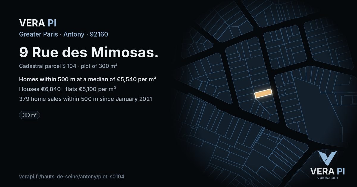 9 Rue des Mimosas, Antony at night – the plot lit, the parcels around coloured by the prices near them