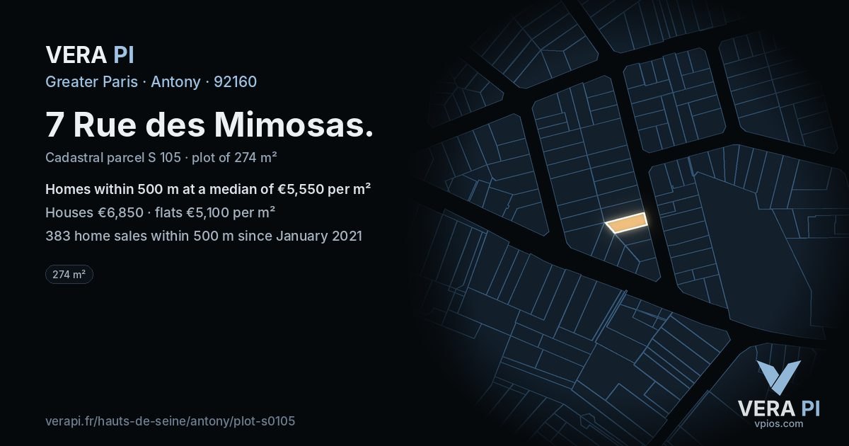 7 Rue des Mimosas, Antony at night – the plot lit, the parcels around coloured by the prices near them