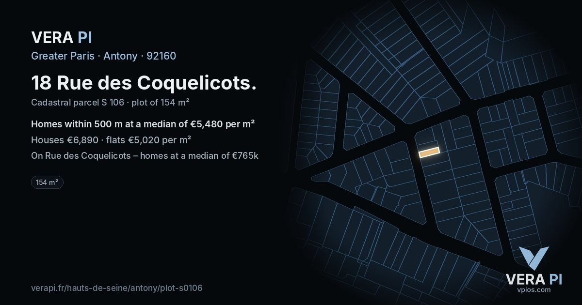 18 Rue des Coquelicots, Antony at night – the plot lit, the parcels around coloured by the prices near them