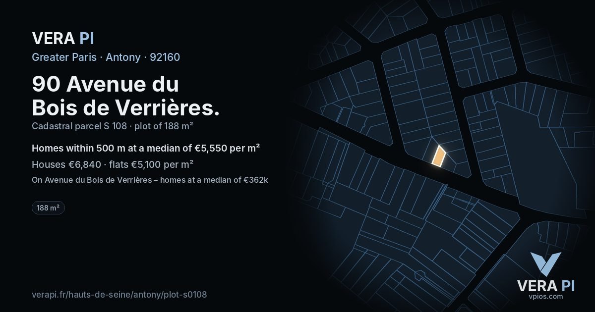 90 Avenue du Bois de Verrières, Antony at night – the plot lit, the parcels around coloured by the prices near them