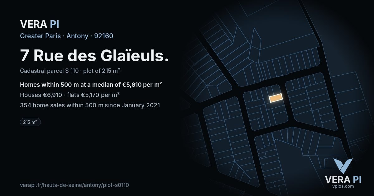 7 Rue des Glaïeuls, Antony at night – the plot lit, the parcels around coloured by the prices near them
