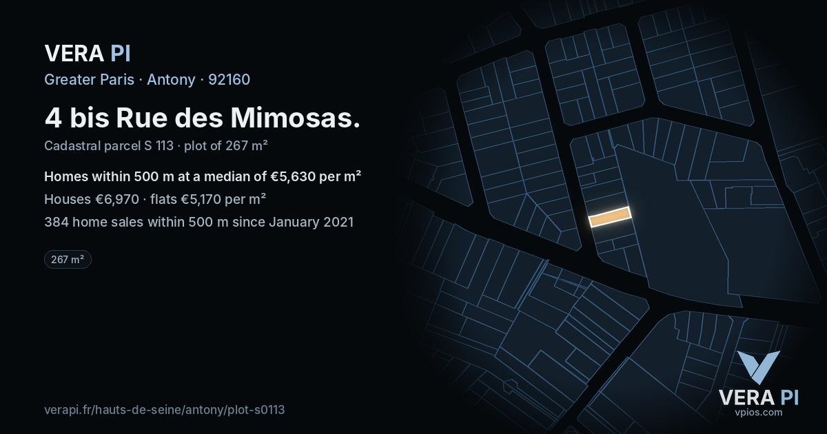 4 bis Rue des Mimosas, Antony at night – the plot lit, the parcels around coloured by the prices near them
