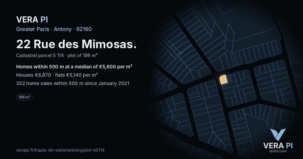 22 Rue des Mimosas, Antony at night – the plot lit, the parcels around coloured by the prices near them