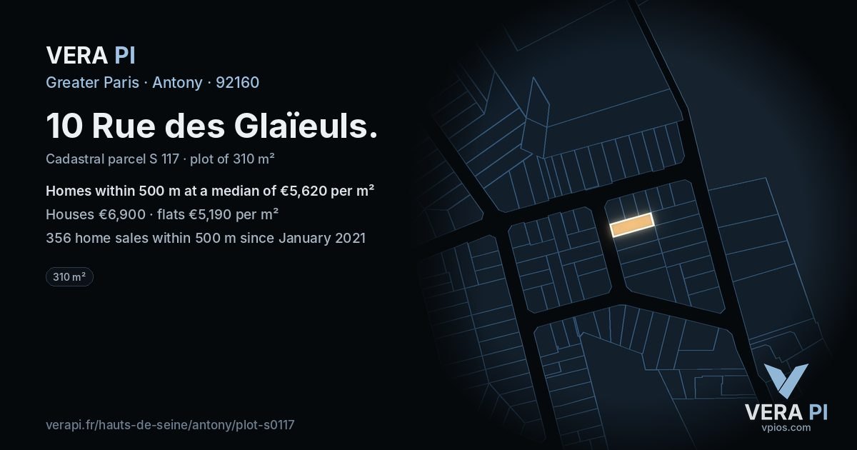 10 Rue des Glaïeuls, Antony at night – the plot lit, the parcels around coloured by the prices near them