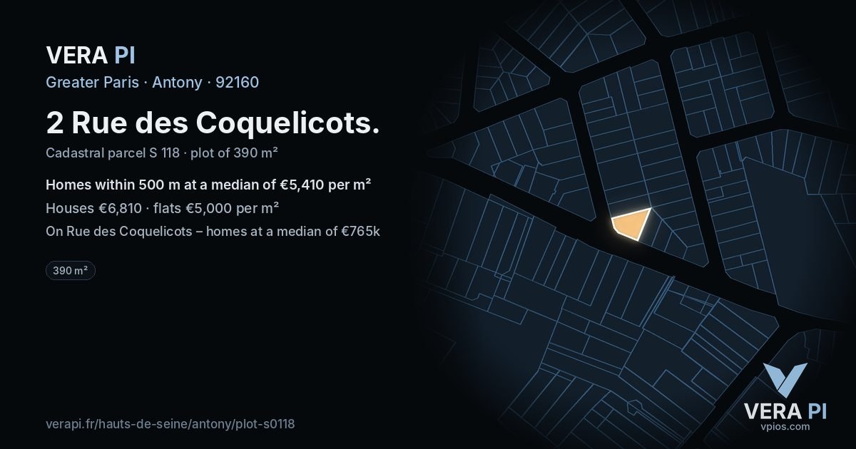 2 Rue des Coquelicots, Antony at night – the plot lit, the parcels around coloured by the prices near them