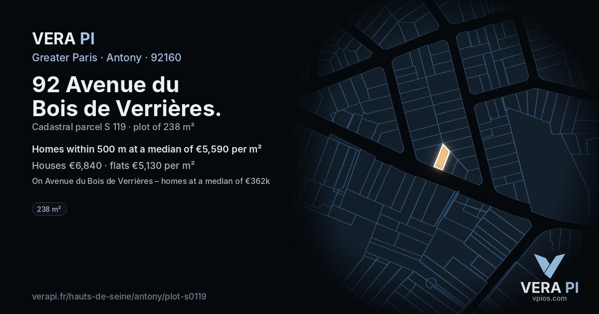 92 Avenue du Bois de Verrières, Antony at night – the plot lit, the parcels around coloured by the prices near them