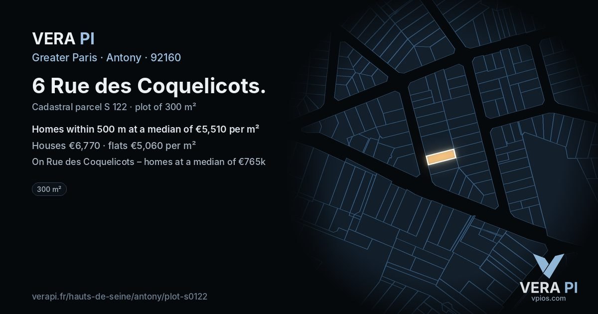 6 Rue des Coquelicots, Antony at night – the plot lit, the parcels around coloured by the prices near them