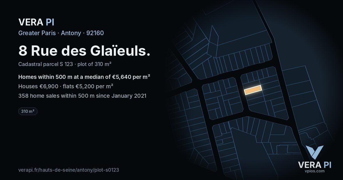8 Rue des Glaïeuls, Antony at night – the plot lit, the parcels around coloured by the prices near them