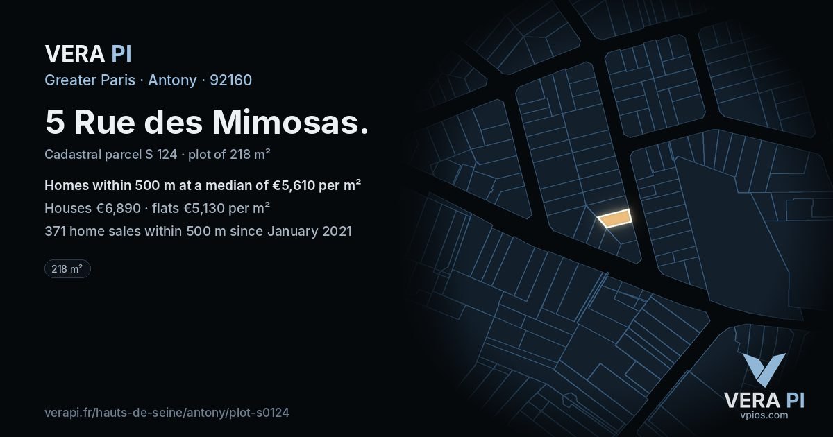 5 Rue des Mimosas, Antony at night – the plot lit, the parcels around coloured by the prices near them