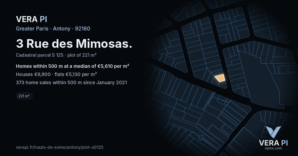 3 Rue des Mimosas, Antony at night – the plot lit, the parcels around coloured by the prices near them