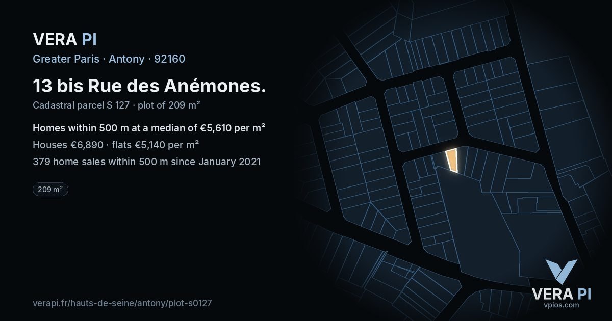 13 bis Rue des Anémones, Antony at night – the plot lit, the parcels around coloured by the prices near them