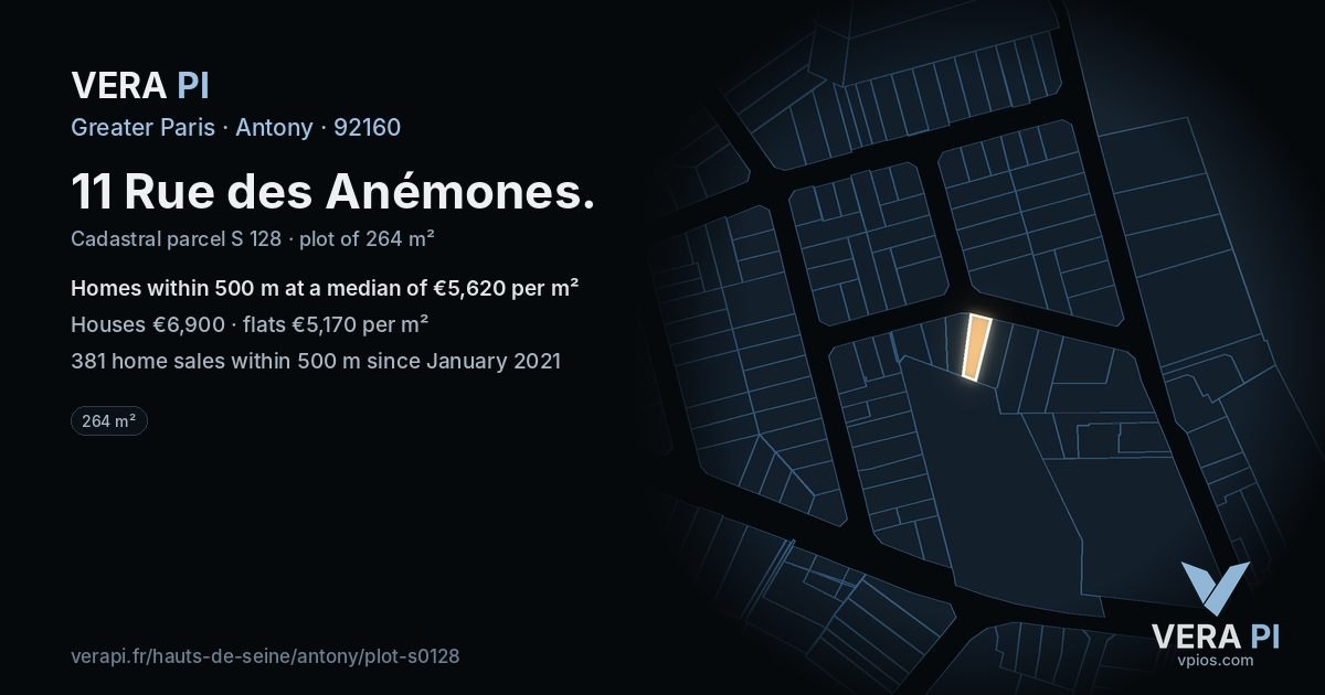 11 Rue des Anémones, Antony at night – the plot lit, the parcels around coloured by the prices near them