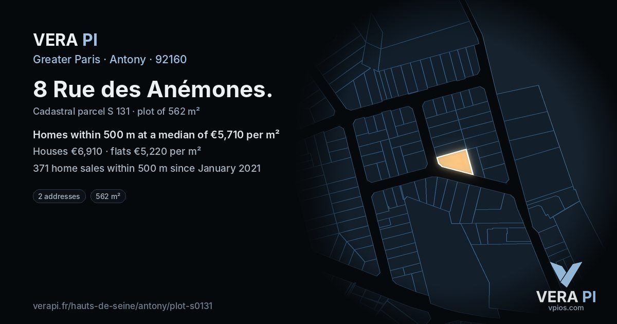 8 Rue des Anémones, Antony at night – the plot lit, the parcels around coloured by the prices near them