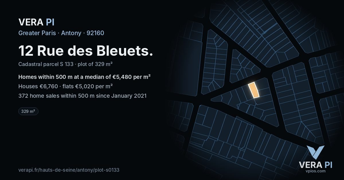 12 Rue des Bleuets, Antony at night – the plot lit, the parcels around coloured by the prices near them