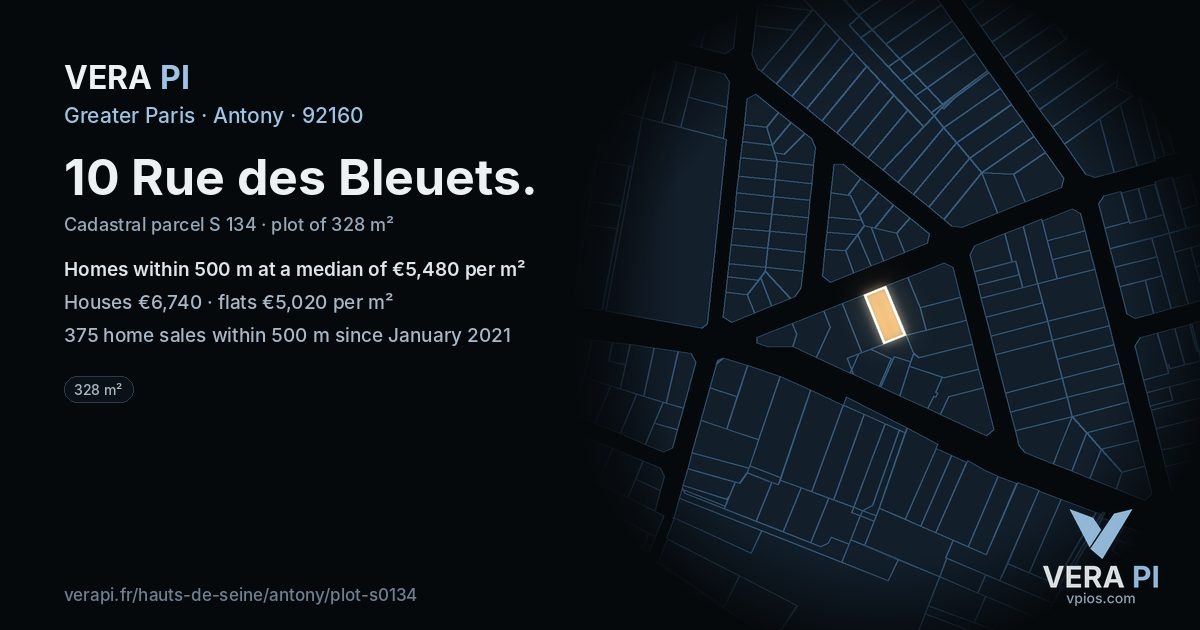 10 Rue des Bleuets, Antony at night – the plot lit, the parcels around coloured by the prices near them