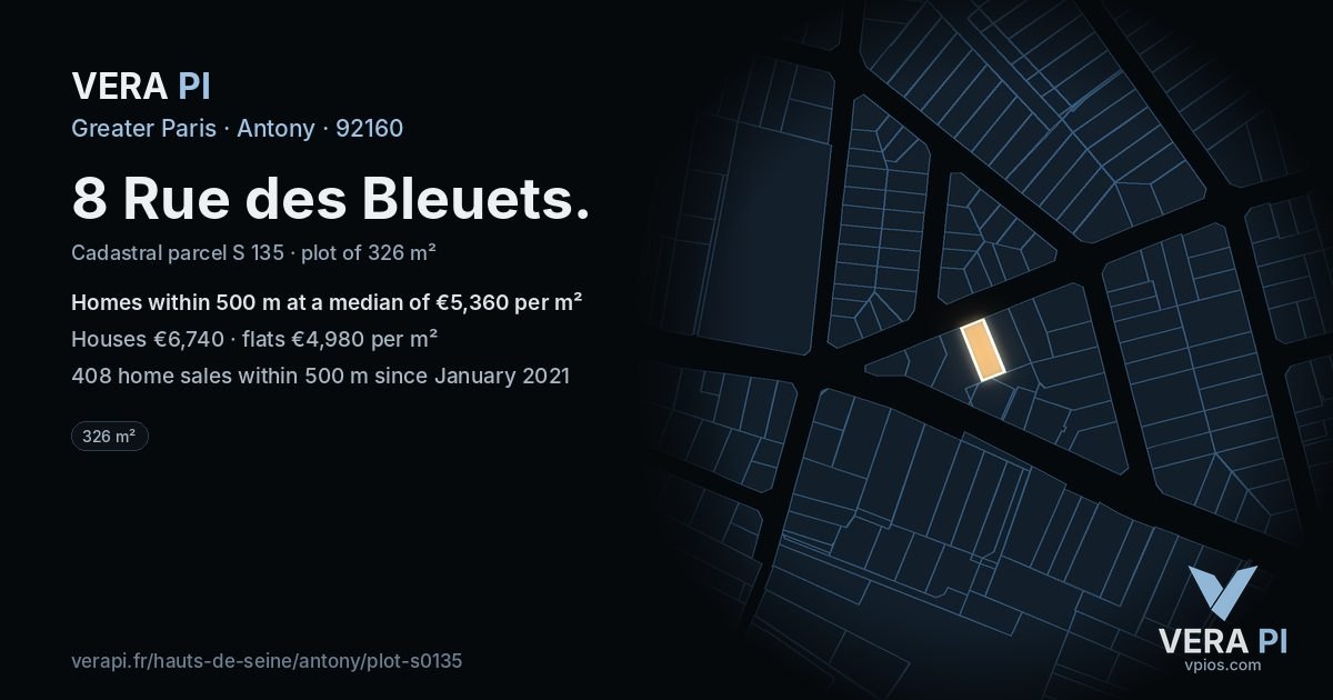 8 Rue des Bleuets, Antony at night – the plot lit, the parcels around coloured by the prices near them