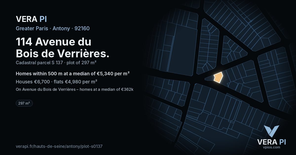 114 Avenue du Bois de Verrières, Antony at night – the plot lit, the parcels around coloured by the prices near them