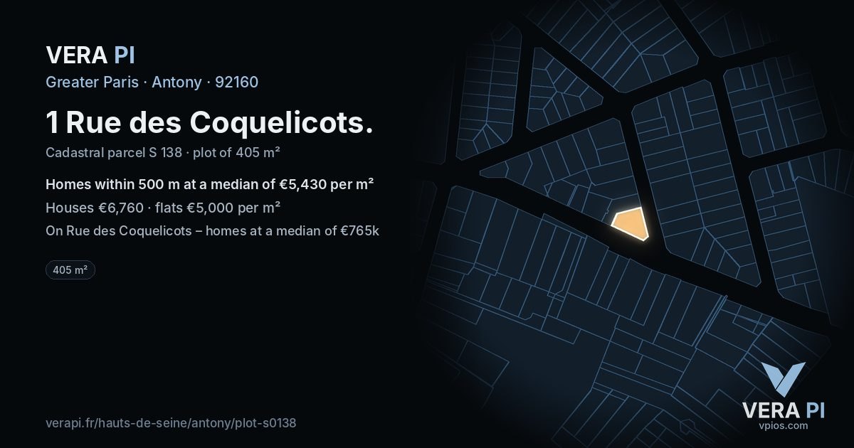 1 Rue des Coquelicots, Antony at night – the plot lit, the parcels around coloured by the prices near them