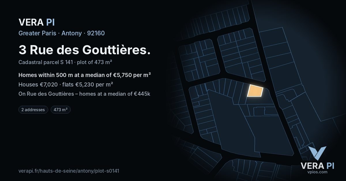 3 Rue des Gouttières, Antony at night – the plot lit, the parcels around coloured by the prices near them