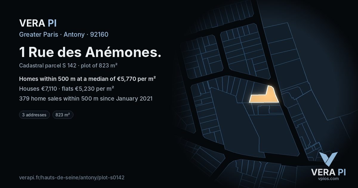 1 Rue des Anémones, Antony at night – the plot lit, the parcels around coloured by the prices near them