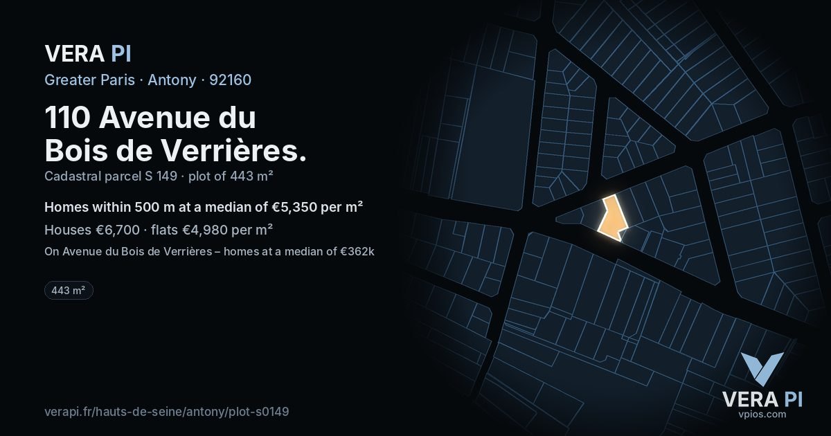 110 Avenue du Bois de Verrières, Antony at night – the plot lit, the parcels around coloured by the prices near them