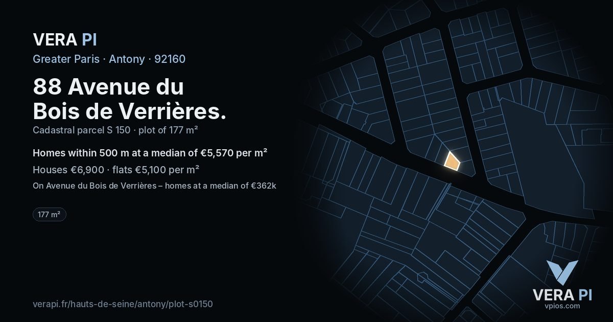 88 Avenue du Bois de Verrières, Antony at night – the plot lit, the parcels around coloured by the prices near them