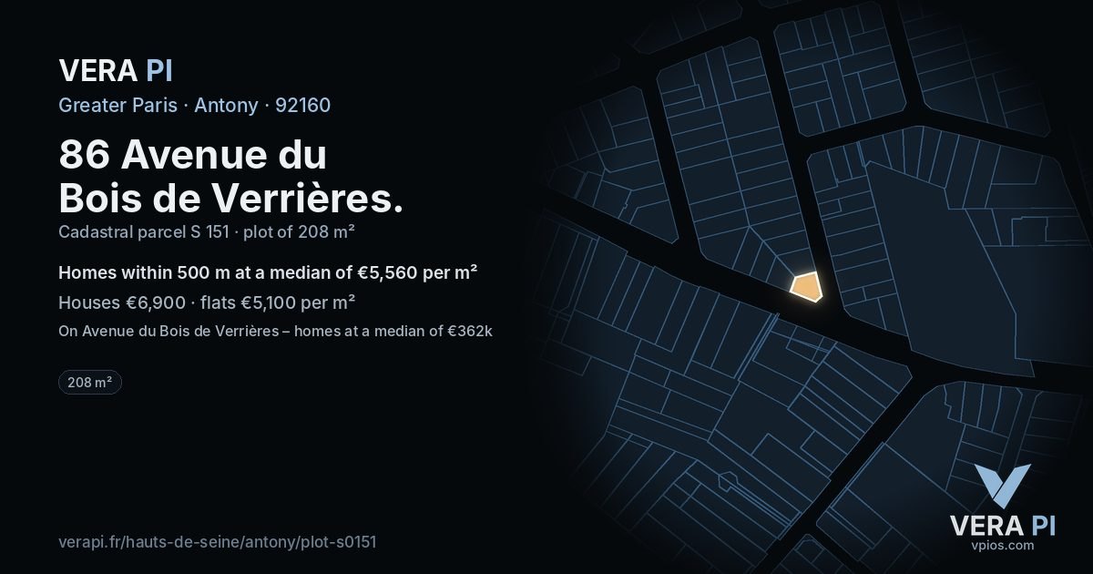 86 Avenue du Bois de Verrières, Antony at night – the plot lit, the parcels around coloured by the prices near them